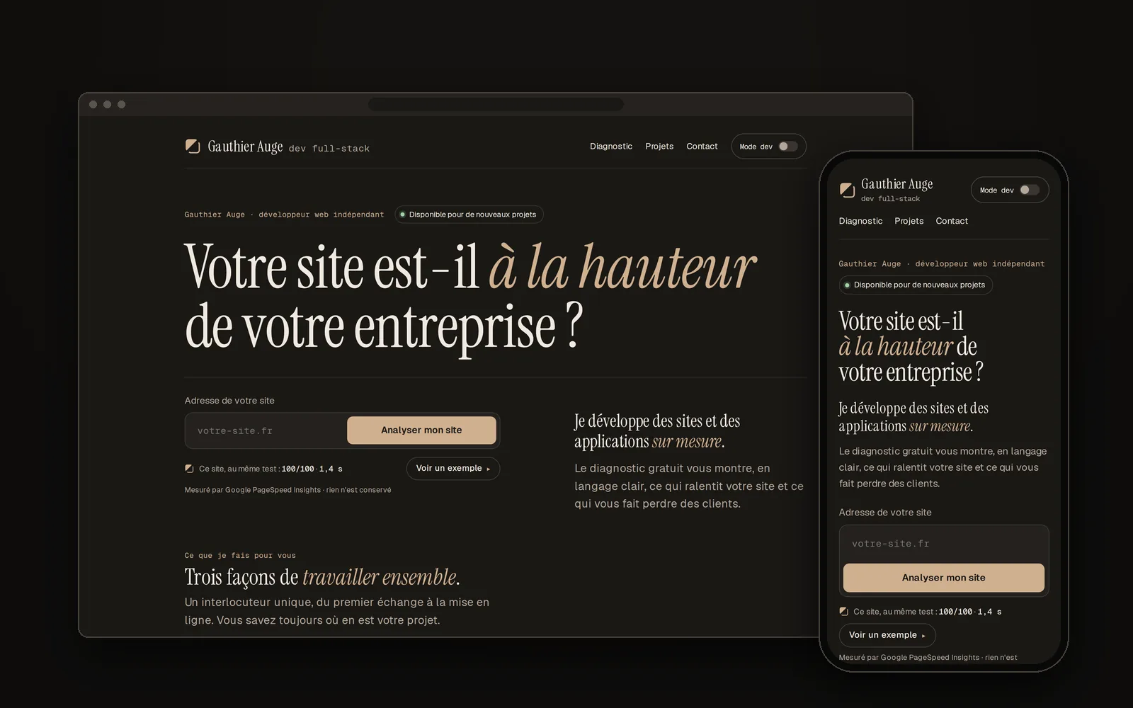 La page d'accueil de ce site sur ordinateur et sur téléphone — le titre « Votre site est-il à la hauteur de votre entreprise ? » et le champ d'adresse du diagnostic